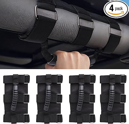 4 Pack Grab Handles for Jeep Wrangler CJ YJ TJ LJ JK JKU JL JLU & Gladiator JT (1955–Present) – Roll Bar Handles with Upgraded Metal Buckles & Reinforced Stitching, Easy Install Front & Rear